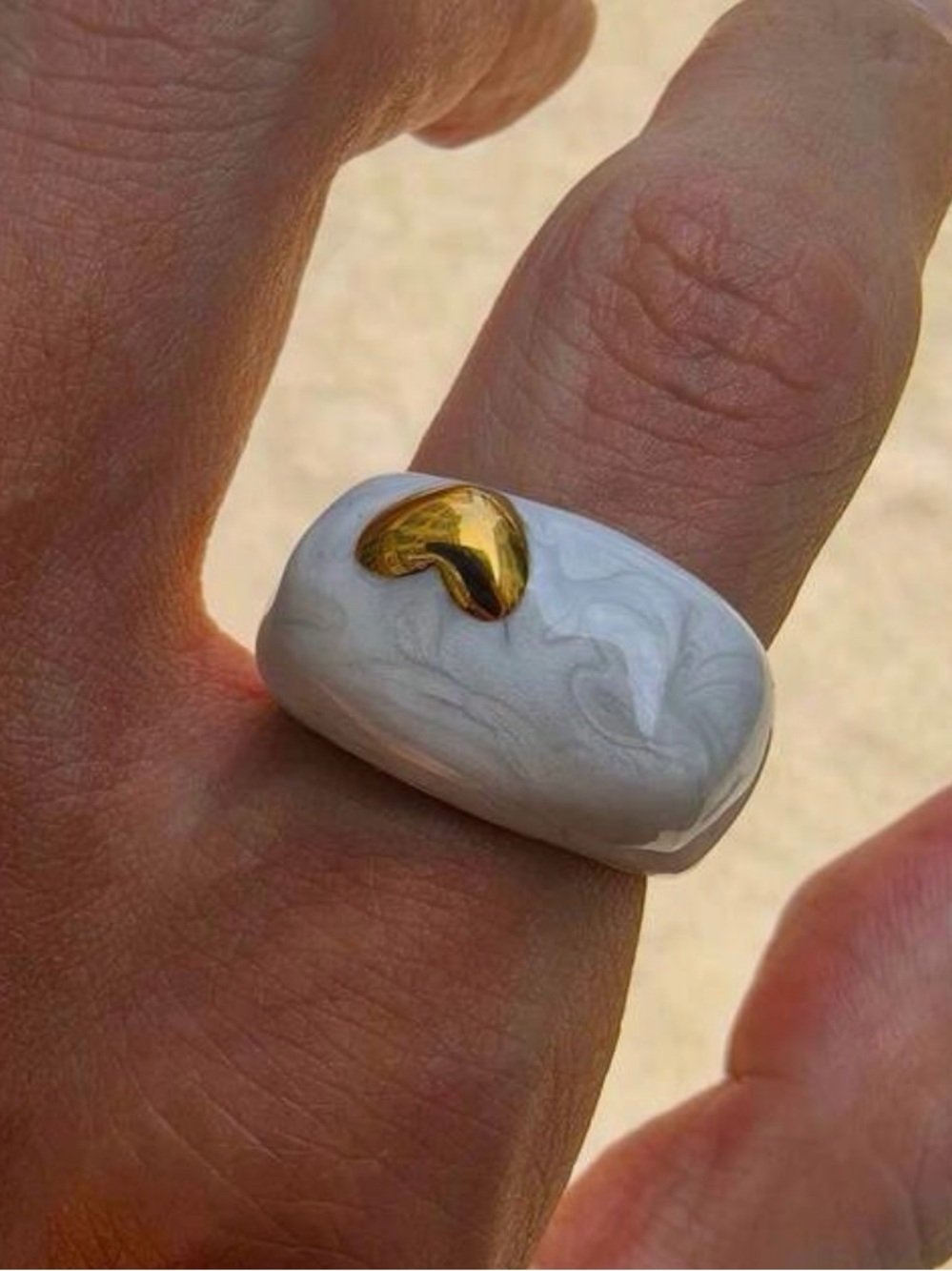 White Resin Ring with Gold Accent - Women Jewelry